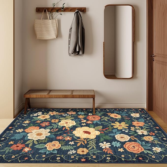 DUKINO 3x5 Area Rug, Floral Rugs for Living Room, Lightweight Non Slip Washable Rug, Indoor Low Pile & Non-Shedding Boho Design Rugs for Bedroom, Living Room, Dining Room, Dark Blue