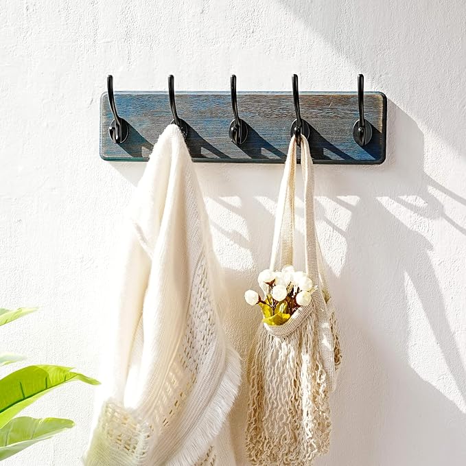 Dseap Coat Rack Wall: Patented, Heavy-Duty, 5-Double-Hooks Wooden Wall Mounted Coat Rack Coat Hanger Hook Rail for Winter Coats Hat Jacket Clothing, Weathered Blue