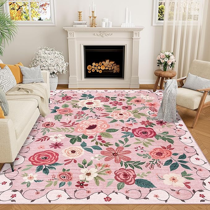 DUKINO 5x7 Area Rug, Nursery Floral Rugs for Living Room, Lightweight Non Slip Washable Rug, Indoor Low Pile & Non-Shedding Boho Design Rugs for Girls Bedroom, Kids Playroom, Dining Room, Pink