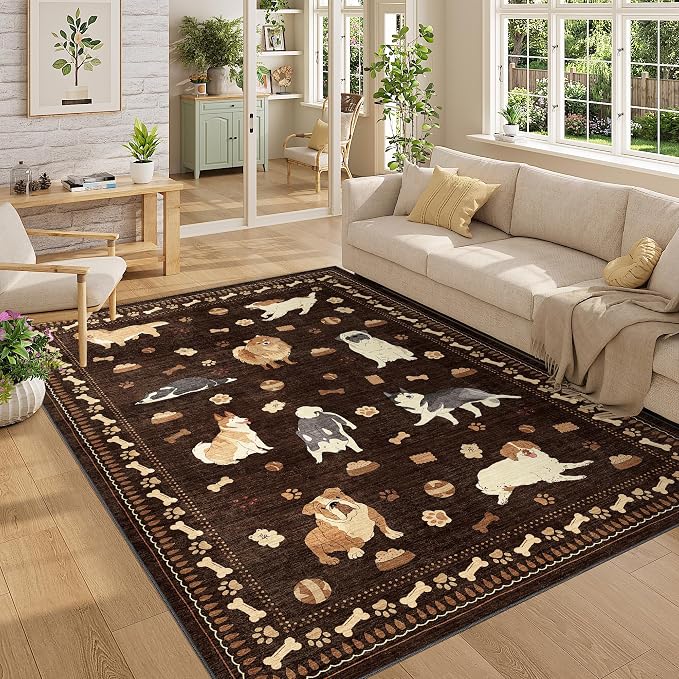 DUKINO 5x7 Rug for Living Room, Lightweight Animal Dog Print Washable Area Rug, Soft Non Slip & Low Pile Floor Mat, Stain Resistant Large Carpet for Bedroom, Nursery, Dining Room, Kids Playroom, Brown