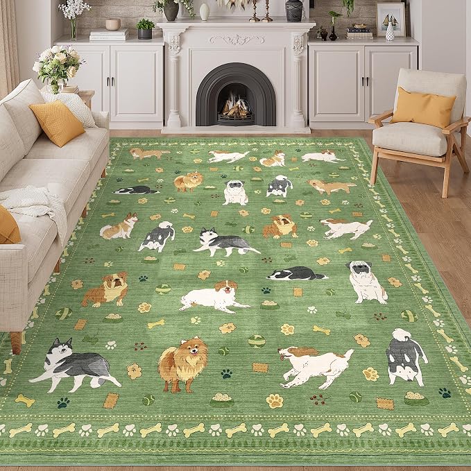 DUKINO 8x10 Area Rug, Non Slip Washable Animal Dog Rug for Living Room, Stain Resistant & Low Pile Indoor Floor Large Carpet for Bedroom, Farmhouse, Nursery, Dining Room, Kids Playroom, Green