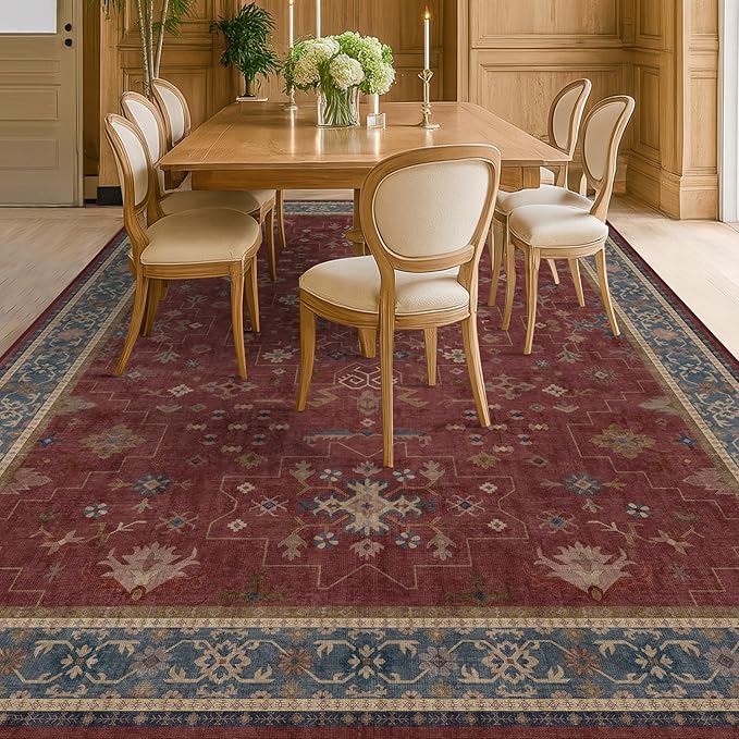 Hazo Haus Oriental 8x12 Large Area Rugs for Living Room - Burgundy Rug for Bedroom Under Bed, Dining Room Under Kitchen Table, Washable Soft Non Slip Unique Indoor Décor