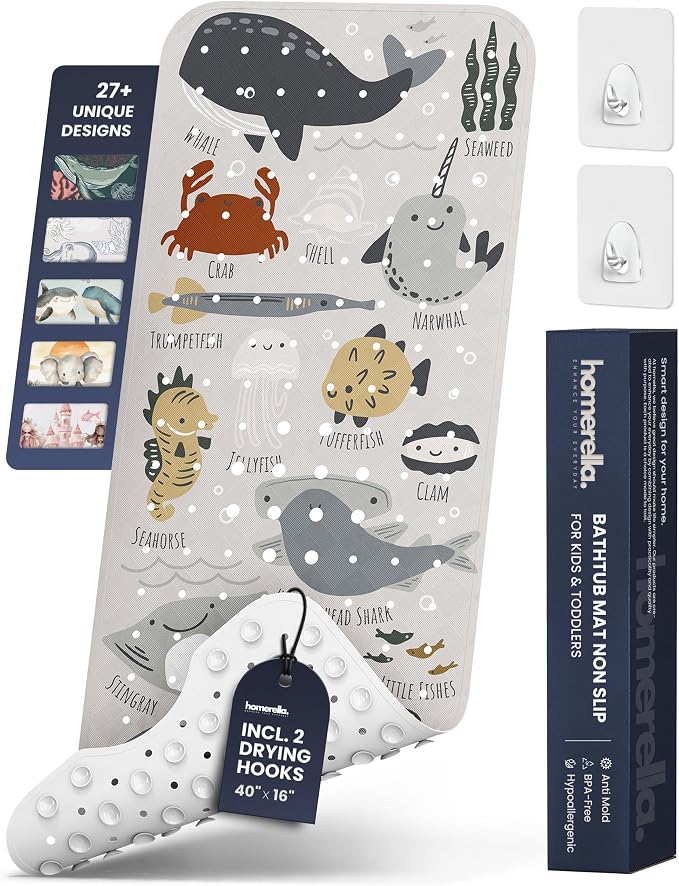 Bath Tub Mat Non Slip Anti Mold for Kids BPA Free INCL Hooks - homerella® Ocean Sea Animals 40x16, Baby Bath Mat Non Slip 200 Suction Cups, Non Toxic Machine Washable Toddler Bath Mat, EU Certified