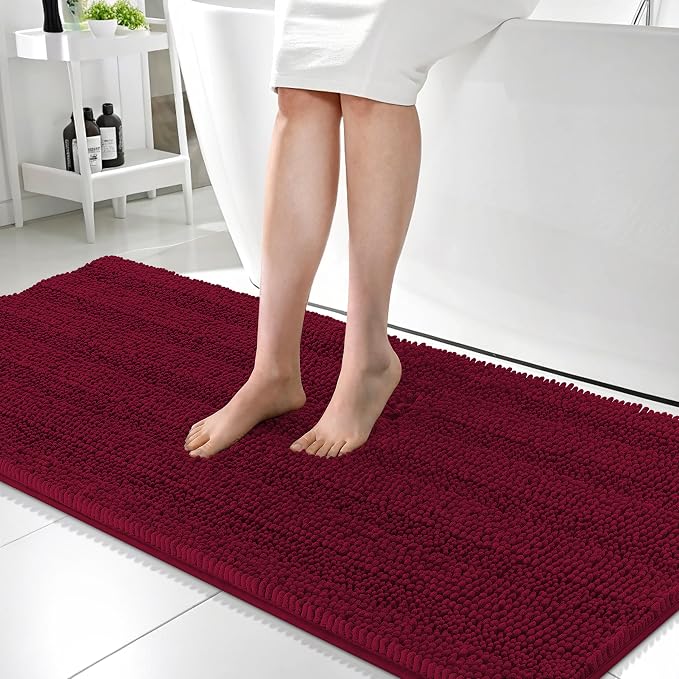 OLANLY Thick Bathroom Runner Rugs 59x24, Absorbent Chenille Striped Bath Rugs, Rubber Backing, Machine Wash, Extra Long Bath Mats for Bathroom Floor, Tub and Shower, Home Decor Accessories, Burgundy
