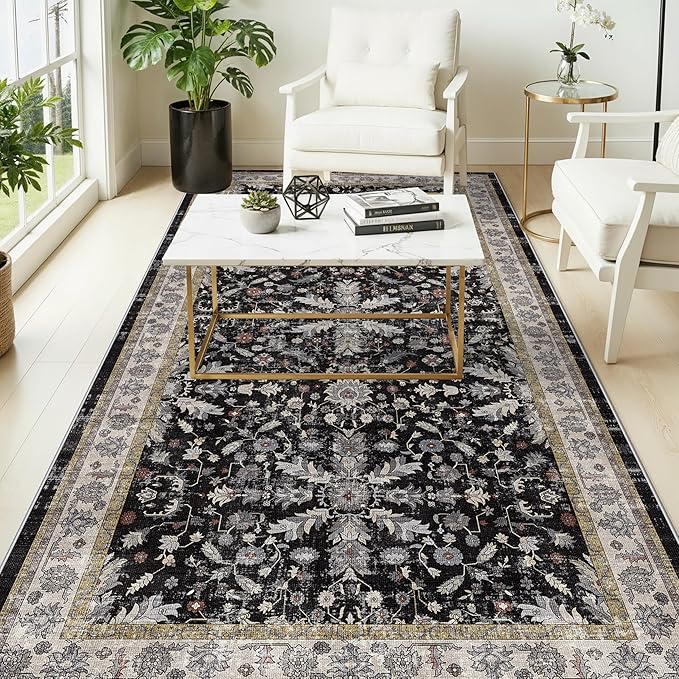 4x8 Rug Washable for Entryway Kitchen – Non-Slip Rubber Backed Area Rug for Hallway Bedroom Living Room Office,Boho Floral Low Pile Thin Floor Indoor Mat (Black,4x8)