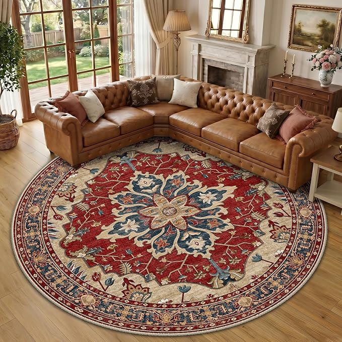 RELEANY Area Rugs Round 10ft Washable Non-Slip, Floral Vintage Distress Medallion Carpet for Living Room Bedroom Dining Room, Red Blue