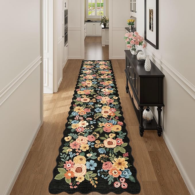 DUKINO 2x12 Runner Rug for Hallway, Soft Floral Washable Kitchen Runner Rug with Non Slip Backing, Lightweight & Low Pile Extra Long Carpet for Entryway, Laundry Room, Entrance, Bedroom, Black