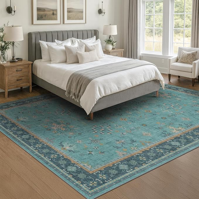 Large Boho 8x12 Teal Green Washable Living Room Rug - Vibrant Turquoise Rug for Bedroom Under Bed, Dining Room Under Table, Geometric Floral Low Pile & Soft Stain Resistant Carpet