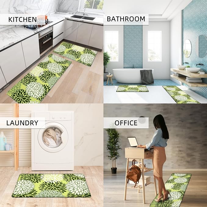 Kitchen Mats Set of 2 Cushioned Anti Fatigue Kitchen Rugs Non Slip Waterproof Kitchen Runner Memory Foam Floor Mat Comfort Standing Mat for Sink,Office,Laundry, Green