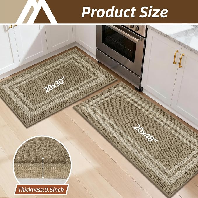 COSY HOMEER Kitchen Rugs Sets 2PCS,Non-Slip Washable Kitchen Mats for Floor,Absorbent and Stain Resistant Kitchen Runner Rugs for Kitchen Sink Laundry Entryway,20"x30"+20"x48",Beige