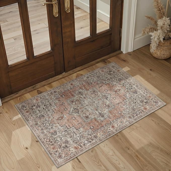 GENIMO Kitchen Rug Sets of 2, Non-Slip Washable Low-Pile Kitchen Mats for Floor, Waterproof Kitchen Runner Rug, for Hallway, Laundry, Sink, Entryway, Bathroom, 20"x32"+20"x48", Taupe Red