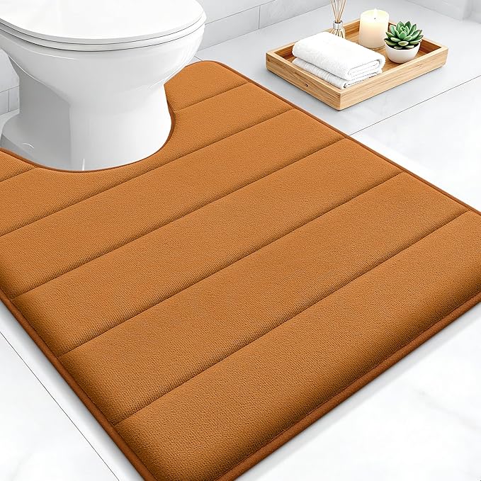 OLANLY Memory Foam Toilet Rugs U Shaped 24x20, Super Soft Absorbent Contour Bath Rugs, Quick Dry, Machine Washable Toilet Mat, Bathmat Floor Carpet, Bathroom Home Decor Accessories, Ochre