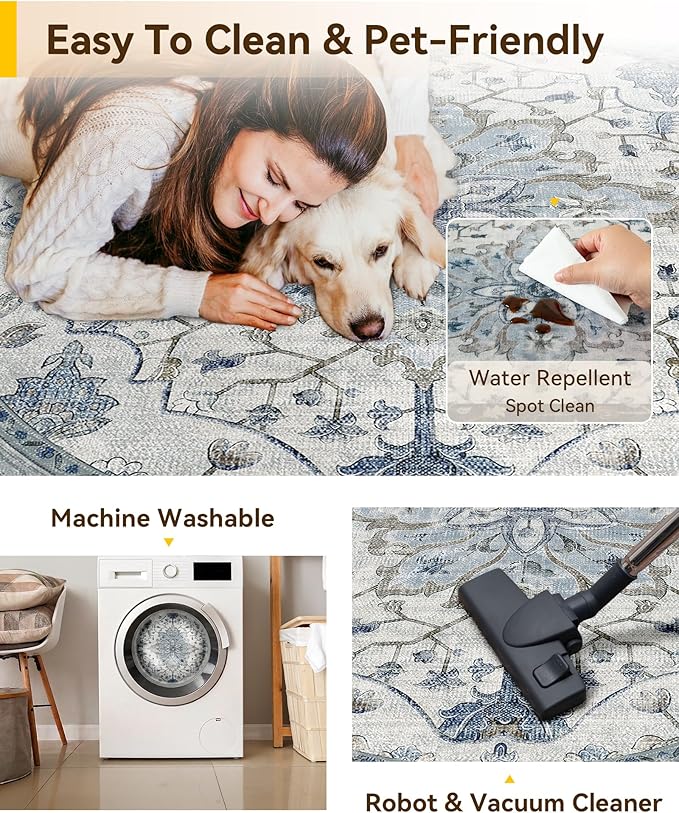 RELEANY Area Rugs Round 7ft Washable Non-Slip, Floral Vintage Distress Medallion Carpet for Living Room Bedroom Dining Room, Light Blue Navy Gray White