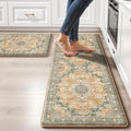 Boho Kitchen Mats for Floor 2 Piece Set Anti Fatigue Cushioned PVC Kitchen Rugs Non Slip Waterproof Farmhouse Mats 2/5 Inch Comfort Standing Mat for Sink, Laundry, 17.3"x47"+17.3"x28", Green Orange