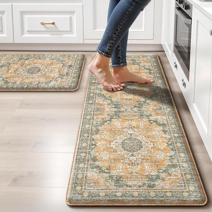Boho Kitchen Mats for Floor 2 Piece Set Anti Fatigue Cushioned PVC Kitchen Rugs Non Slip Waterproof Farmhouse Mats 2/5 Inch Comfort Standing Mat for Sink, Laundry, 17.3"x47"+17.3"x28", Green Orange