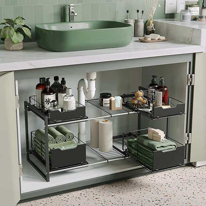 NETEL Adjustable Under Sink Organizers and Storage,Expandable Cabinet Storage Shelf with 4 Pull Out Baskets