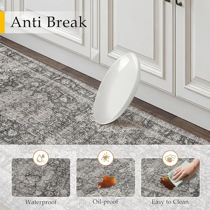 WondRgVintage Kitchen Mats for Floor Anti Fatigue Waterproof Kitchen Rugs Sets of 2 Black Grey Cushioned Non-Slip Kitchen Mats Comfort Standing Mat for Sink Laundry Office 17.3"×47"+17.3"×30"