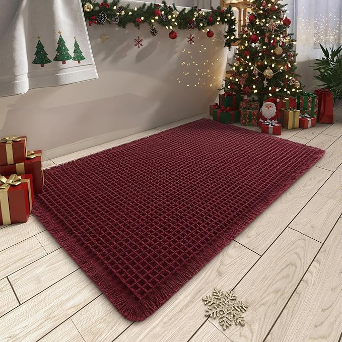 AMOAMI Upgraded Waffle Bath Mat, Super Absorbent Non Slip Bath Mats for Bathroom Floor, Washable Bathroom Rugs with Tassels, Rubber Backed Bathroom Mats, Ultra Soft, 20" x 32", Burgundy