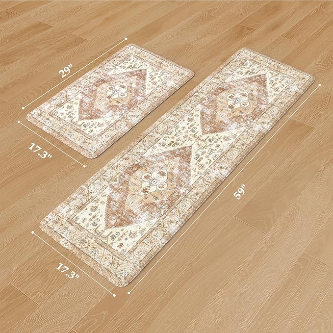 KIMODE Anti Fatigue Kitchen Mats,Boho Vintage Kitchen Rugs Sets of 2,Non Slip Waterproof Kitchen Floor Mats,Ergonomic Cushioned Comfort Standing Mat for Laundry,Office,Sink,Desk,Mutil-Khaki