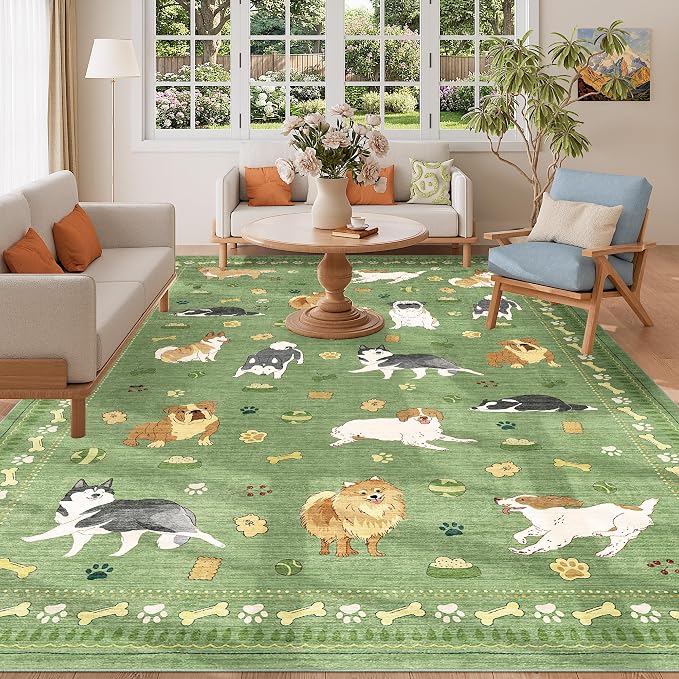 DUKINO 6x9 Rug for Living Room, Lightweight Animal Dog Print Washable Area Rug, Soft Non Slip & Low Pile Floor Mat, Stain Resistant Large Carpet for Bedroom, Nursery, Dining Room, Kids Playroom, Green