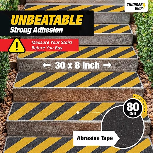 Black and Yellow Non Slip Strips for Steps 30" x 8" 12-Pack Outdoor Stair Treads - Waterproof Anti Slip Grip Tape for Safety Walk - Strong Adhesive Caution Tape for Floor and Ramps by Thunder Grip