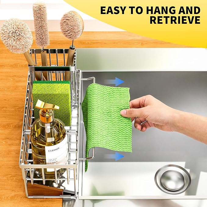 Cisily Kitchen Sink Caddy Organzier with High Brush Holder, Sponge Holder for Sink, 304 Rustproof Stainless, Kitchen Countertop Soap Dispenser Organizer (Silver With Towel Rack, 9.25″)