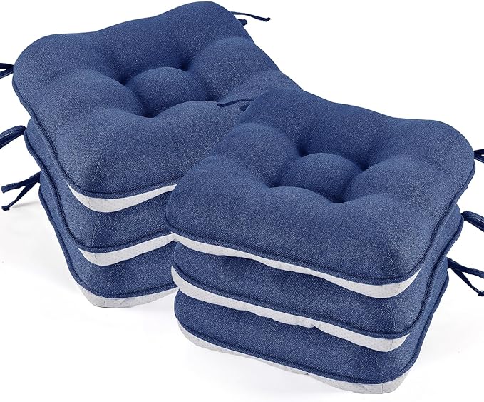 BETU Chair Cushions for Dining Chairs Set of 6,3.5" Thick Outdoor Indoor Chair Pads with Ties,Non Slip Backing and Covers, Seat Cushion for Kitchen Dining,Bar,Patio Furniture15.5"X15.5"X3.5",Navy Blue