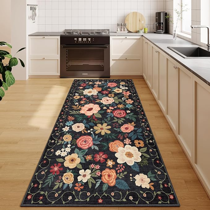 DUKINO 3x6 Runner Rug, Washable Soft Floral Hallway Runner Rug with Non Slip, Low Pile Thin Floor Carpet for Kitchen, Bathroom, Entryway, Laundry, Entryway, Black