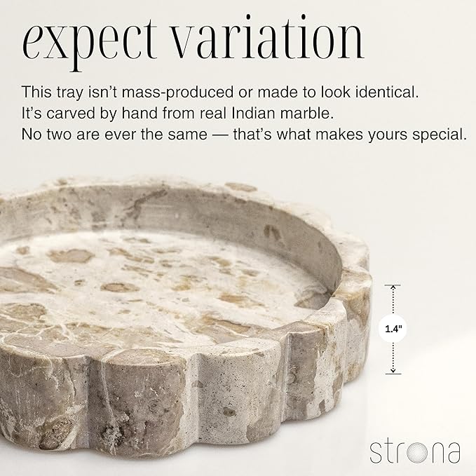 Beige Scalloped Marble Tray - 8 Inch Round Stone Vanity Tray for Perfume & Jewelry, Marble Dish for Bathroom Countertop & Kitchen Counter, Brown Decorative Tray for Bathroom & Kitchen, Modern Catchall