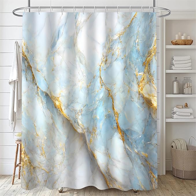 Nkzply 4 Pcs Blue Marble Shower Curtain Set White Bathroom Sets with Shower Curtain and Rugs Gold Modern Abstract Bathroom Decor Accessories Bathroom Rugs Toilet Lid Cover with Hooks