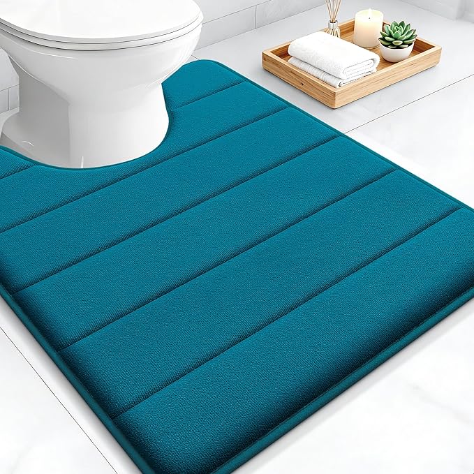 OLANLY Memory Foam Toilet Rugs U Shaped 24x20, Super Soft Absorbent Contour Bath Rugs, Quick Dry, Machine Washable Toilet Mat, Bathmat Carpet, Bathroom Home Decor Accessories, Peacock Blue