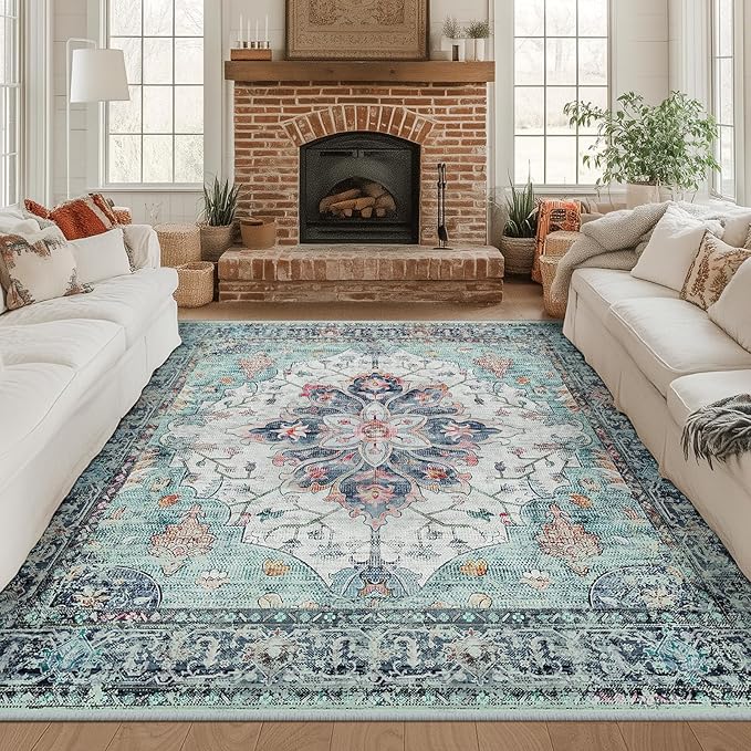 RELEANY Area Rugs Square 8ft Washable Non-Slip, Floral Vintage Distress Medallion Carpet for Living Room Bedroom Dining Room, Green Navy Blue White Red Teal