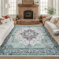 RELEANY Area Rugs Square 8ft Washable Non-Slip, Floral Vintage Distress Medallion Carpet for Living Room Bedroom Dining Room, Green Navy Blue White Red Teal