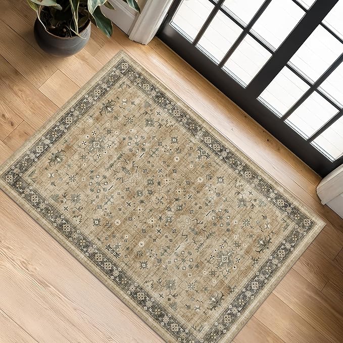 Hazo Haus Washable 2x3 Entry Rug Front Door Indoor, Bohemian Kitchen Floor Rug, Non-Slip & Stain Resistant, Vintage Desert Taupe Sage Farmhouse Floral Décor