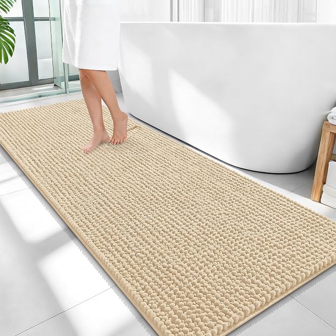 OLANLY Thick Bathroom Runner Rugs 59x24, Extra Soft Absorbent Chenille Bath Rugs, Rubber Backing, Machine Wash Dry, Long Bath Mats for Bathroom Floor, Tub and Shower, Home Decor Accessories, Beige
