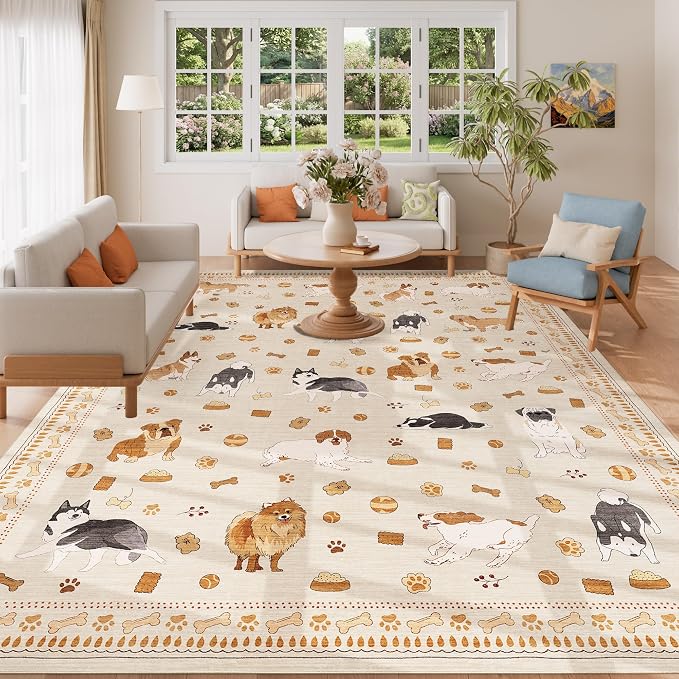 DUKINO 8x10 Area Rug, Non Slip Washable Animal Dog Rug for Living Room, Stain Resistant & Low Pile Indoor Floor Large Carpet for Bedroom, Farmhouse, Nursery, Dining Room, Kids Playroom, Beige Yellow