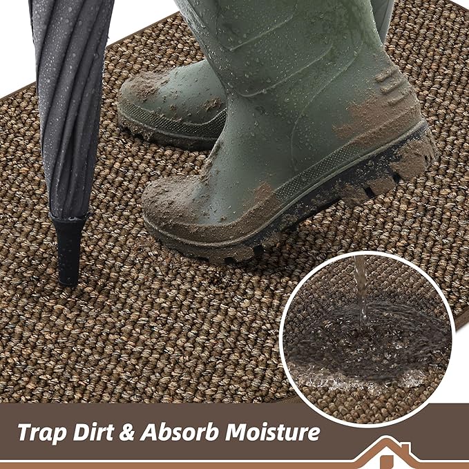BEQHAUSE Dirt Trapper Door Mat 17" x 30" Half Circle Non-Slip Washable Doormats Entrance Rugs Absorbent Welcome Low Profile Floor Mats for Front Back Door and Entryway, Brown
