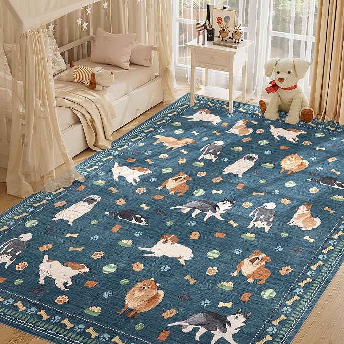 DUKINO 8x10 Area Rug, Non Slip Washable Animal Dog Rug for Living Room, Stain Resistant & Low Pile Indoor Floor Large Carpet for Bedroom, Farmhouse, Nursery, Dining Room, Kids Playroom, Blue