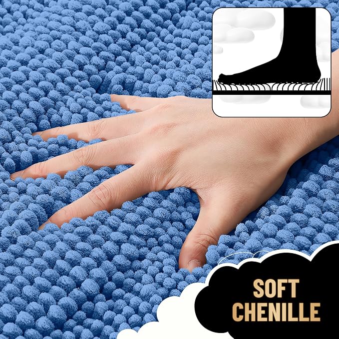 OLANLY Thick Bathroom Runner Rugs 59x20, Absorbent Chenille Striped Bath Rugs, Rubber Backing, Machine Wash, Extra Long Bath Mats for Bathroom, Tub and Shower, Home Decor Accessories, Cornflower Blue