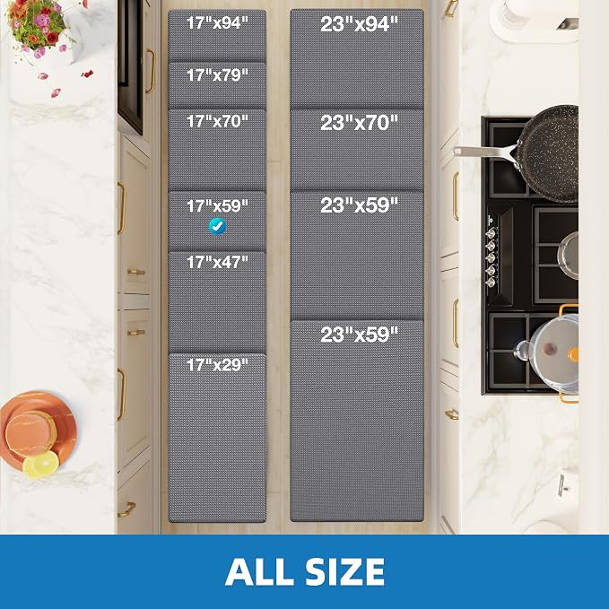 Kitchen Mats for Floor - 17"x59" Anti Fatigue Mats for Kitchen Floor - Non Slip Cushioned Rugs for Standing - Grey