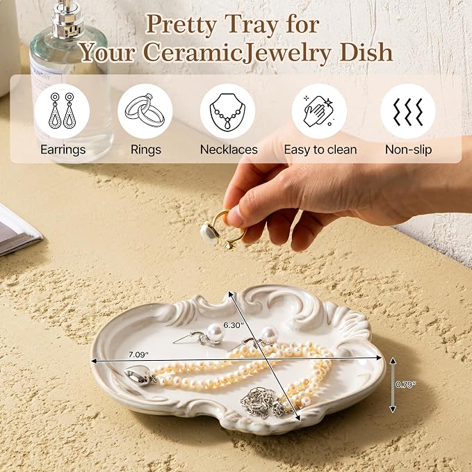 LYEOBOH Jewelry Tray, Ceramic Trinket Dish, Jewelry Dish for Rings Earrings Decorative Trinket Tray, Key Bowl, Retro, Vintage, Friendship Gifts for Mom Sister Birthday Christmas Housewarming, Beige