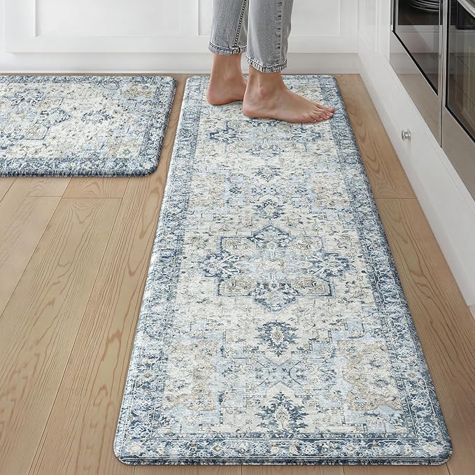 GENIMO Kitchen Mats for Floor 2PCs, Washable Anti Fatigue Mat for Cushioned, 17.3"x59"+17.3"x30", Waterproof Kitchen Rugs, Non Slip Foam Standing Mat Rug for Home, Sink, Office, Laundry, Light Blue