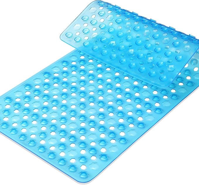 Yimobra Bathtub Mat Non Slip, 34.5"X15.5" Long Shower Mat for Inside Shower, Machine Washable Bath Mat with Drain Holes & Strong Suction Cups, Soft on Feet, Bathroom Essentials, Clear Blue