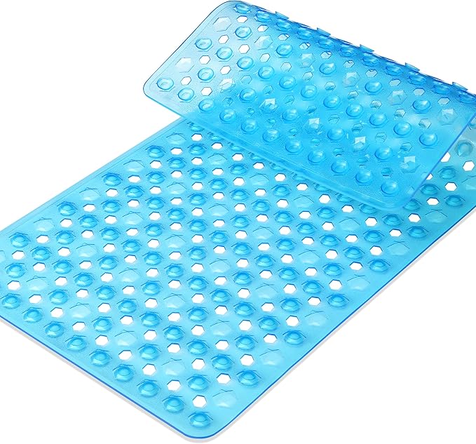 Yimobra Bathtub Mat Non Slip, 27.5"X15.5" Machine Washable Shower Floor Mat, Soft on Feet, Bathmat with Drain Holes and Suction Cups, Bathroom Essentials, Clear Blue