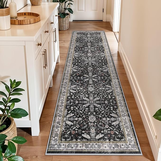 2x10 Hallway Runner Rug Non Slip Washable – Boho Floral Long Floor Carpet Runner for Kitchen Entryway Bedroom Living Room, Soft Low-Pile Thin Area Rug (Black, 2x10)
