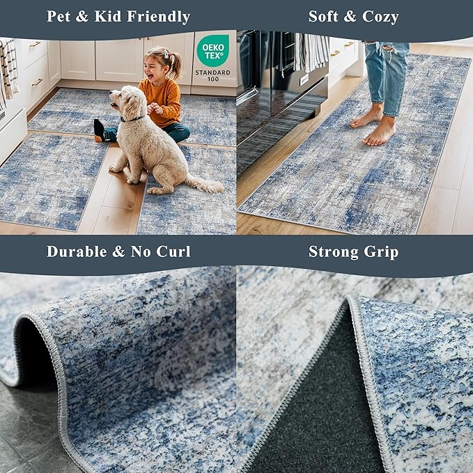 Kitchen Mats for Floor 3 Piece Set, Washable Non-Slip Farmhouse Kitchen Rugs for Hardwood Floor, Rustic Floral Boho Runner Rug for Sink,Entryway & Hallway & Bathroom (Blue/Grey/Ivory,2x3+2x4+2x5)