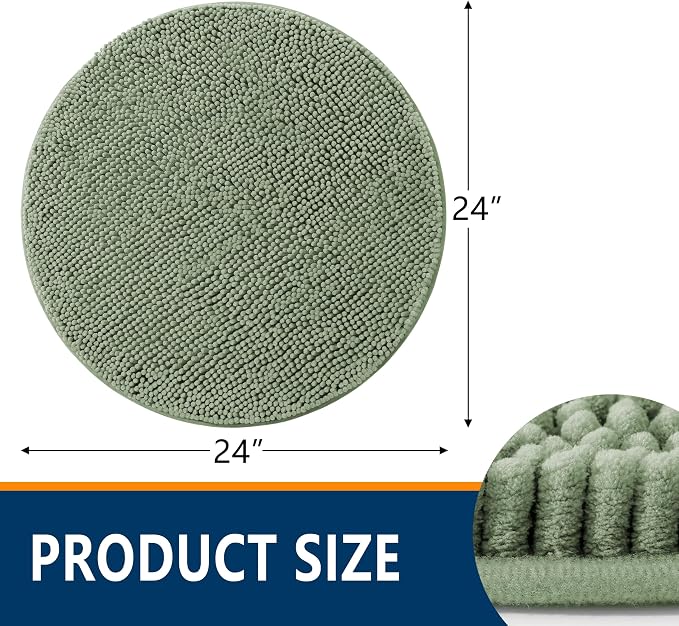 Smiry Luxury Chenille Round 24x24, Extra Soft and Absorbent Shaggy Bathroom Mat Rugs, Machine Washable, Non-Slip Plush Carpet for Tub, Shower, and Bath Room, Sage Green