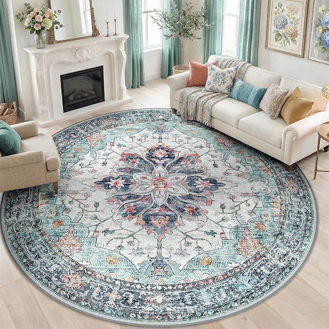 RELEANY Area Rugs Round 8ft Washable Non-Slip, Floral Vintage Distress Medallion Carpet for Living Room Bedroom Dining Room, Green Navy Blue White Red Teal