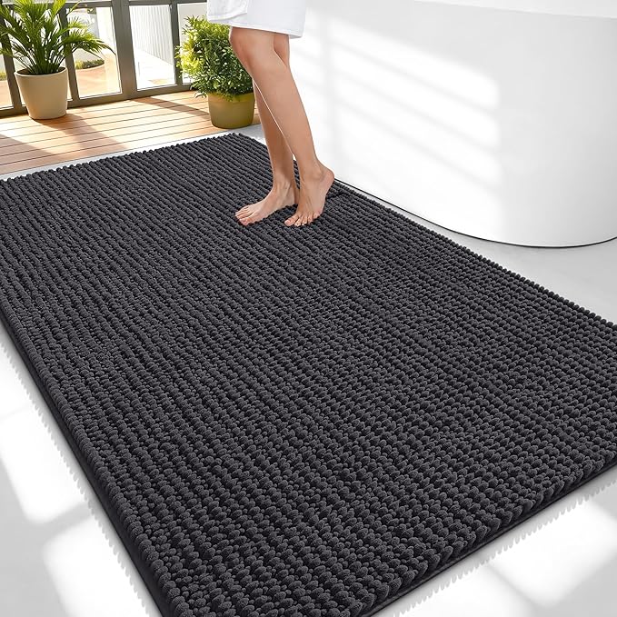 OLANLY Thick Large Bathroom Rugs 59x35, Extra Soft Absorbent Chenille Bath Rugs, Rubber Backing, Machine Wash Dry, Bath Mats for Bathroom Floor, Tub and Shower, Home Decor Accessories, Dark Grey