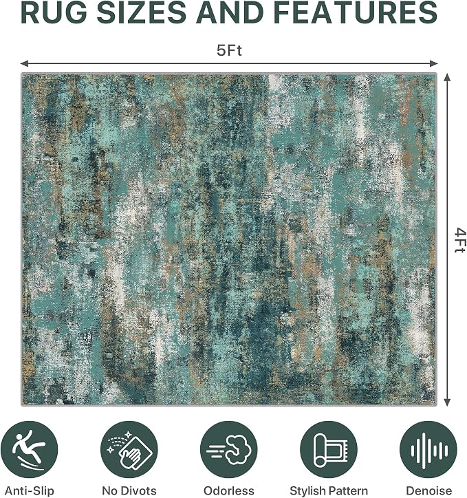48"x60" Office Chair Mat for Hardwood Tile Floor, Under Desk Carpet Protector for Rolling Computer Chair Mat, Machine Washable Area Rug, Anti-Slip 1/5" Thick Low Pile Thin Vinyl Floor Mat, Teal Blue